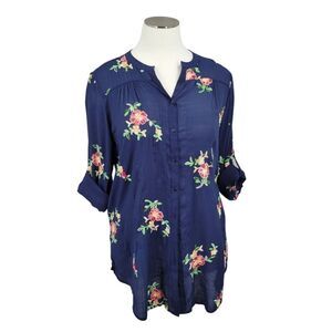 Forgotten Grace Blue with Floral Embroidery Tunic Top Adjustable Roll Tab Sleeve